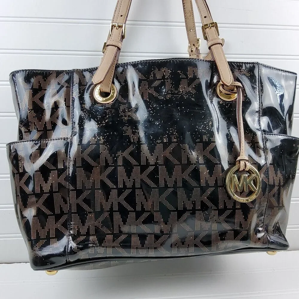Michael Kors MK Patent Signature Tote Shoulder Handbag Purse DAMAGED